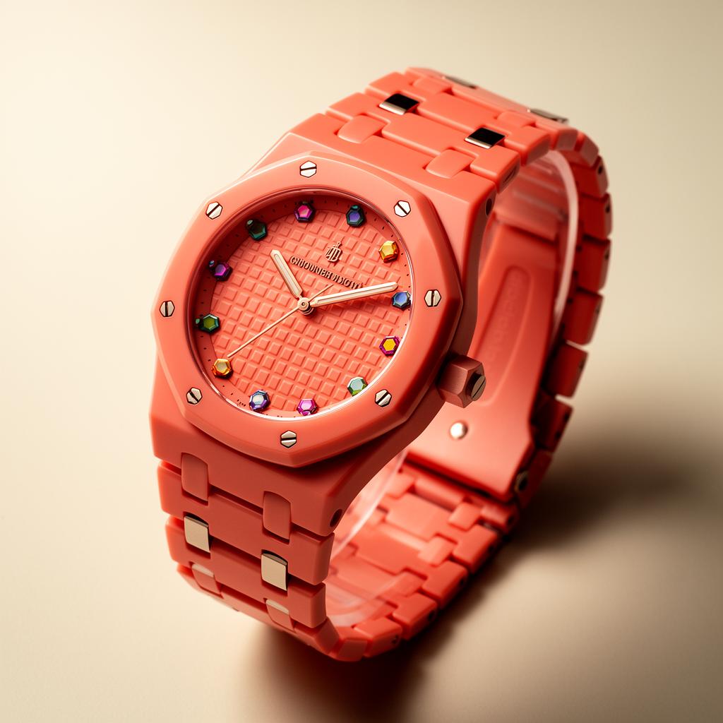 POP BAND Crown at 12 — pink ceramic bracelet on the Royal Pop watch