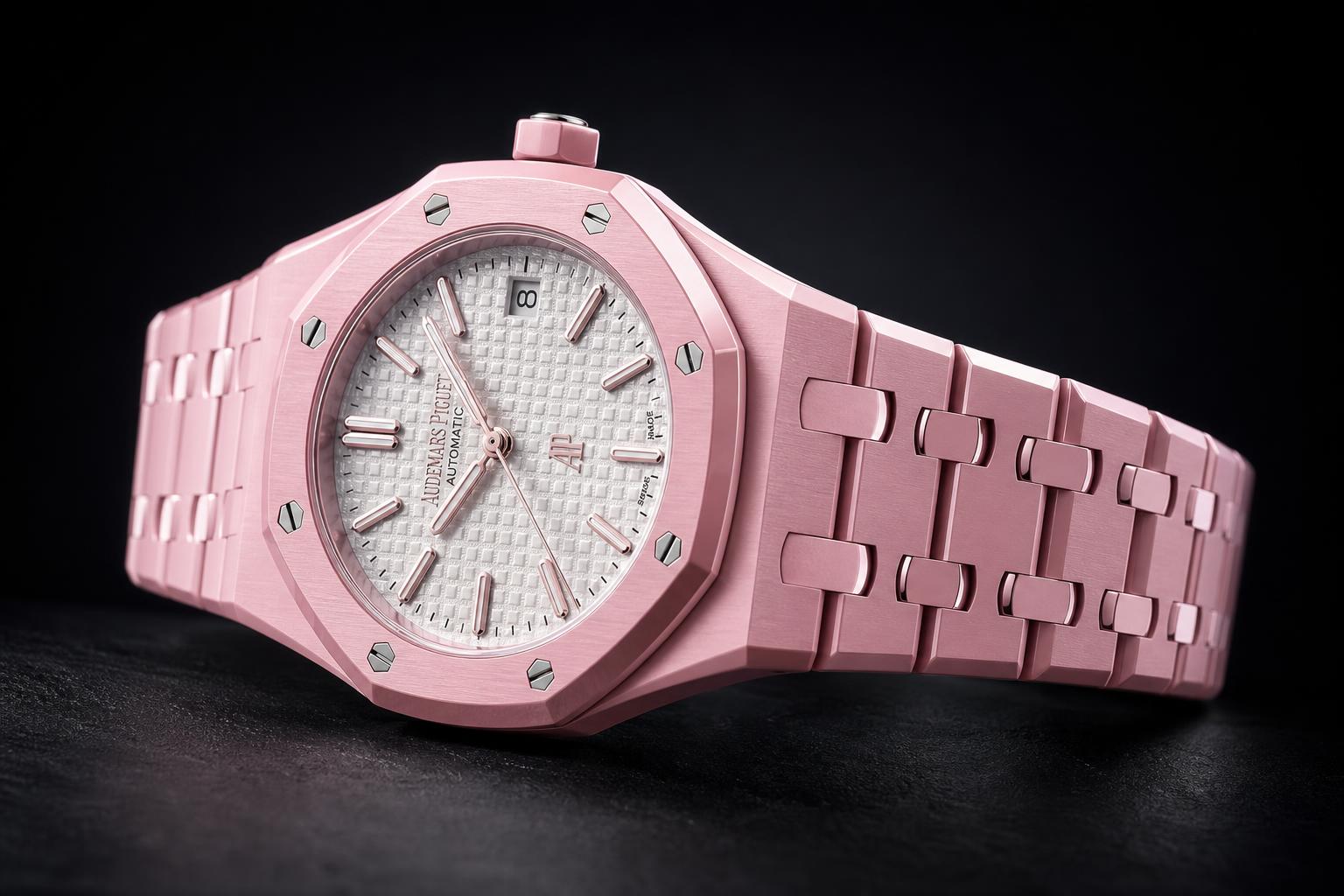 POP BAND Crown at 12 — pink ceramic bracelet on the Royal Pop watch